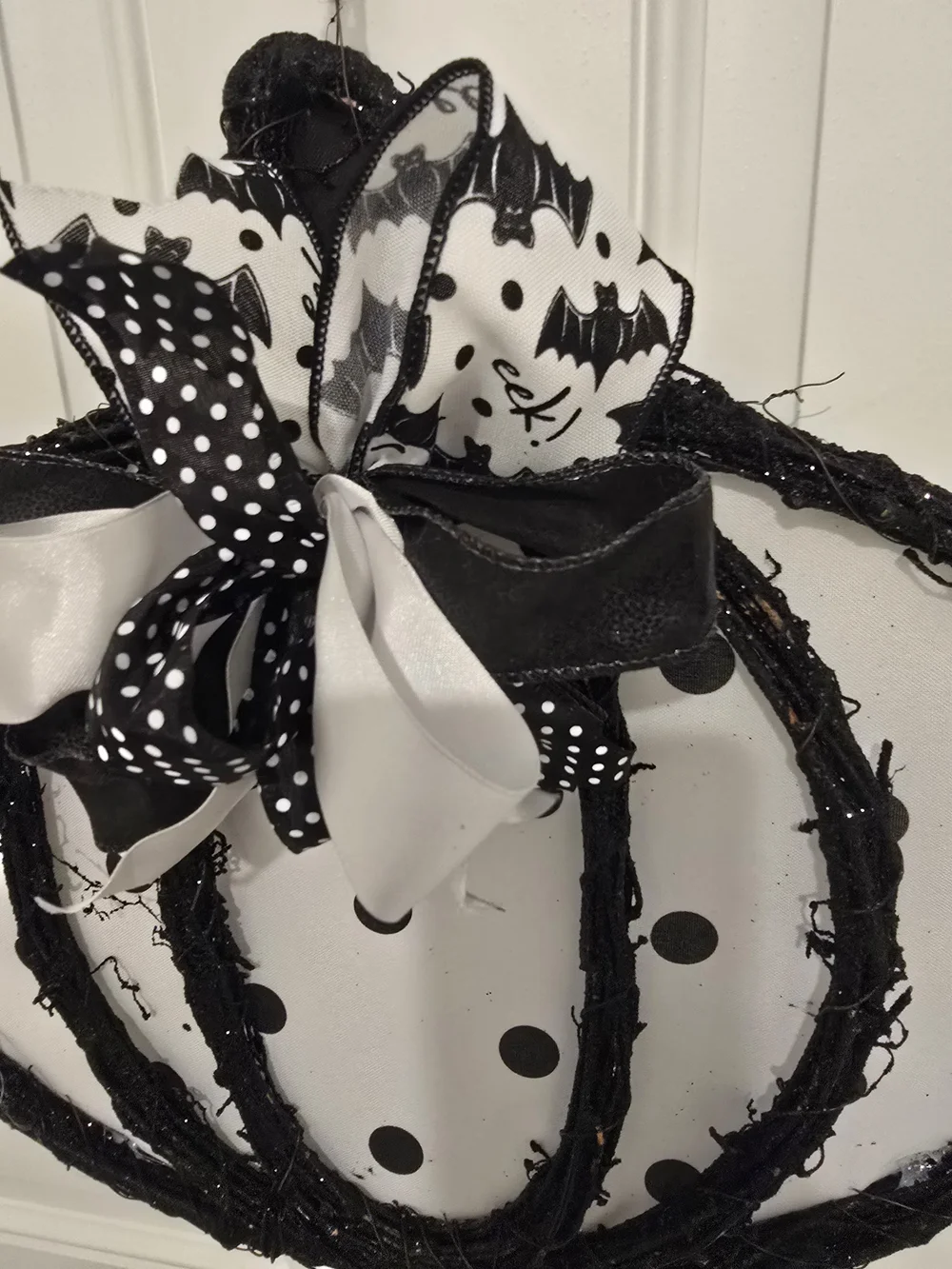 Black & White Polka Dot Pumpkin Door Hanging - Bat Bow Halloween
